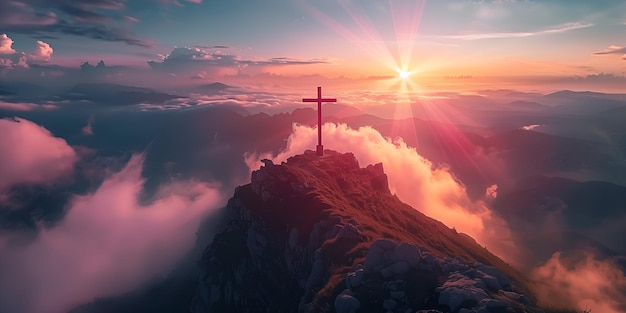 Foto bella cruz al atardecer en la cima de una montaña