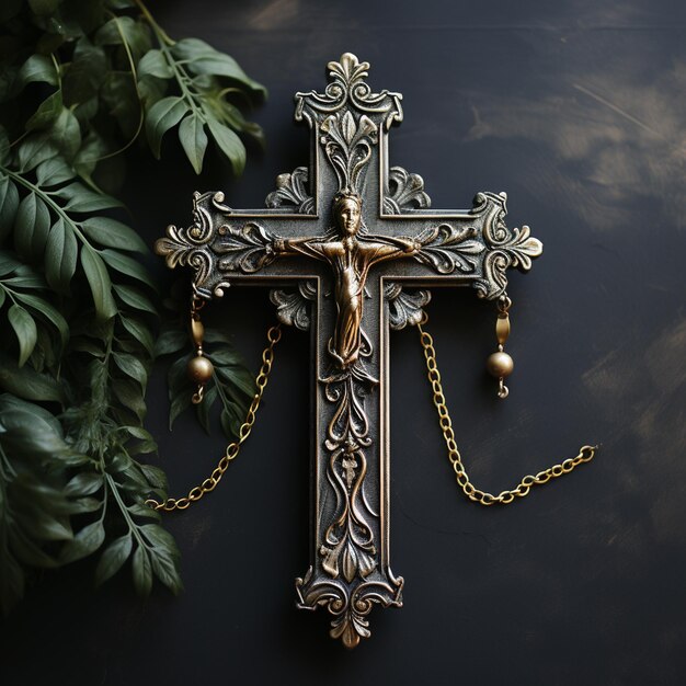 Foto bella cruz de época con hojas de palma en la parte superior