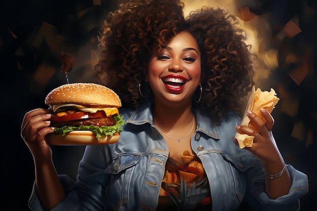 una bella dama africana con una deliciosa hamburguesa