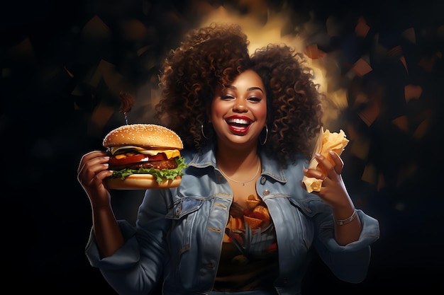 una bella dama africana con una deliciosa hamburguesa