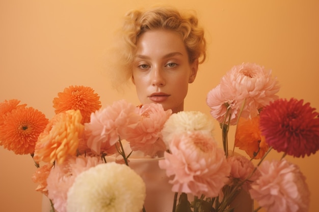 una bella dama con flores parada frente a una pared de colores brillantes sobre un fondo de estilo moderno