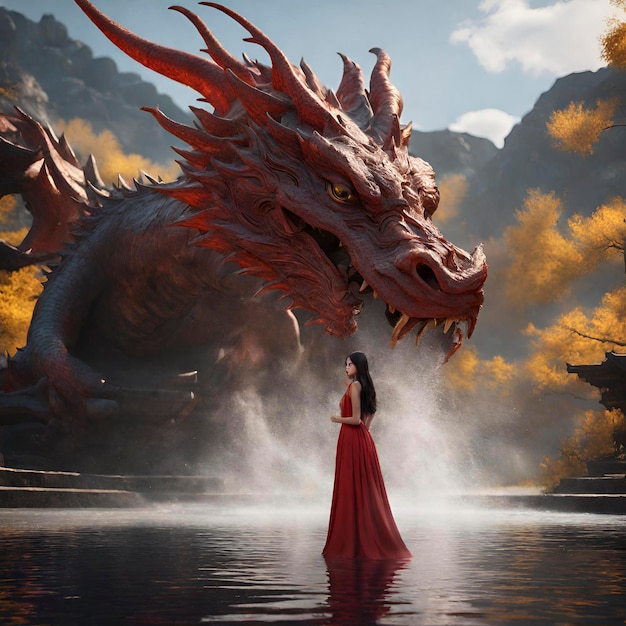 Una bella dama parada frente a un dragón con agua cayendo al estilo gongbi.