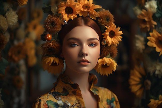 una bella dama que lleva girasoles en el pelo