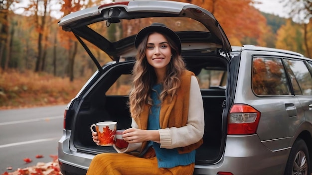 Bella dama sentada en el maletero abierto del coche y bebiendo té o café naturaleza de otoño en el fondo colorf