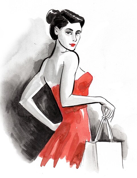 Bella dama en vestido rojo con bolsa de compras. Dibujo a tinta y acuarela