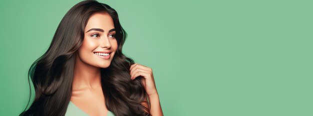 Bella, elegante, sexy, latina, mujer española con cabello largo y piel perfecta, fondo verde claro.