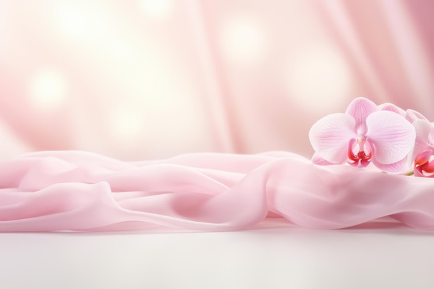 Bella escena en el escenario contra un suave fondo de seda rosada con orquídeas
