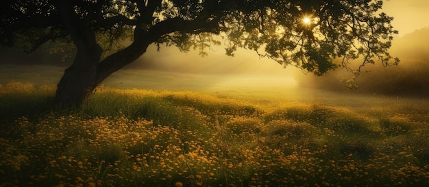 Bella escena luz de sol dorada bajo las ramas de un árbol en el prado flores amarillas generadas por la IA
