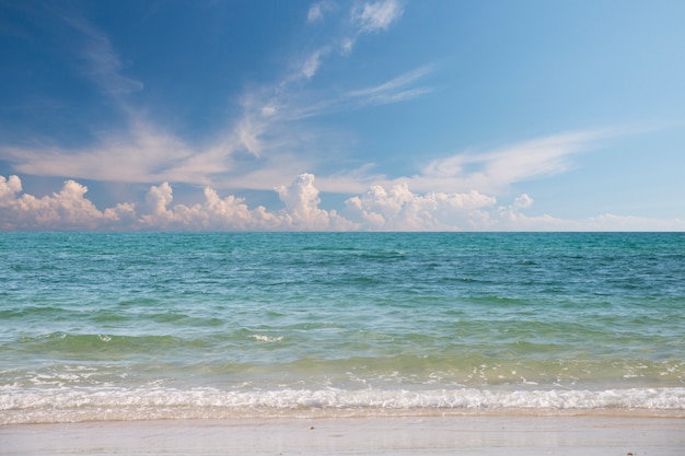 bella escena, mar tropical y playa con fondo de cielo azul