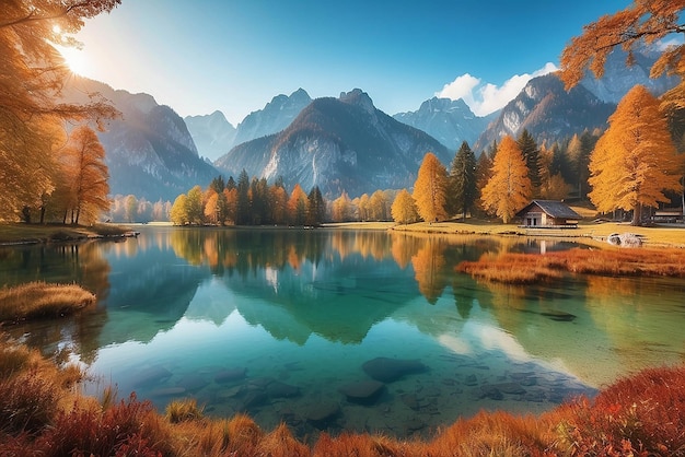 Bella escena de otoño del lago Hintersee Colorida vista matutina de los Alpes bávaros en la frontera austriaca Alemania Europa Belleza de la naturaleza concepto de fondo