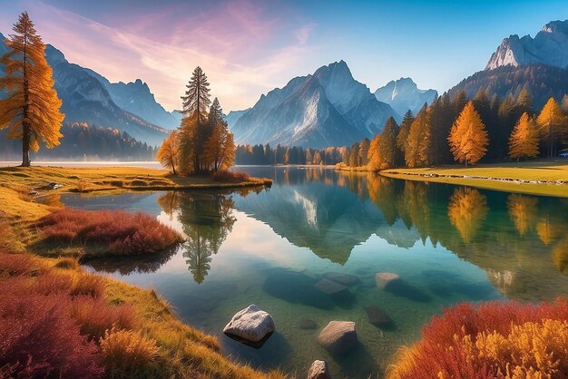 Bella escena de otoño del lago Hintersee Colorida vista matutina de los Alpes bávaros en la frontera austriaca Alemania Europa Belleza de la naturaleza concepto de fondo