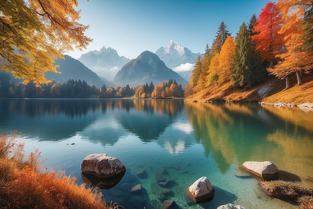 Foto bella escena de otoño del lago hintersee colorida vista matutina de los alpes bávaros en la frontera austriaca alemania europa belleza de la naturaleza concepto de fondo