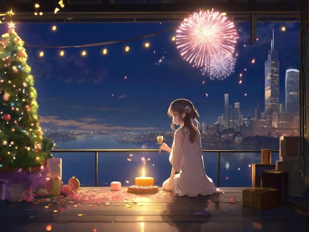 Bella escena de la víspera de año nuevo del anime