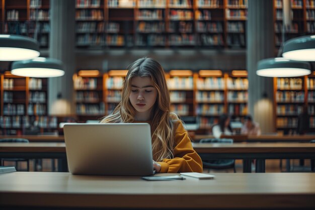 Bella estudiante caucásica trabajando en su tesis escolar en una computadora portátil joven inteligente