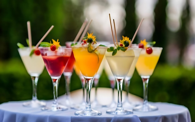 Bella fila de cócteles de alcohol de diferentes colores en una fiesta martini vodka y otros en la mesa de ramos de catering decorados en el aire libre imagen de evento con hermoso bokeh