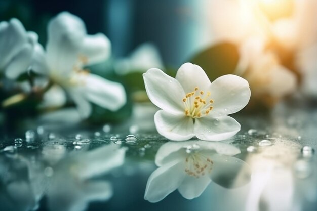 Bella flor de jazmín blanco con gotas de agua en fondo oscuro