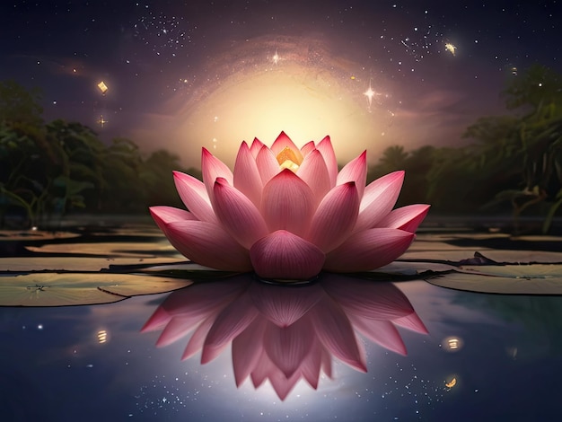 Bella flor de loto rosa en el lago con el cielo estrellado