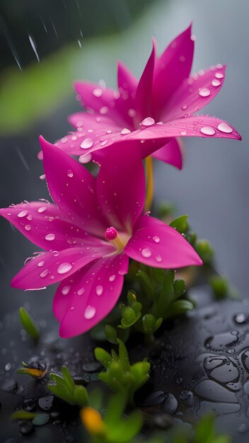 Foto bella flor con pétalos cubiertos de rocío en el fondo de la ilustración de la lluvia
