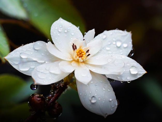 Bella flor en una rama marrón oscuro con gotas de agua