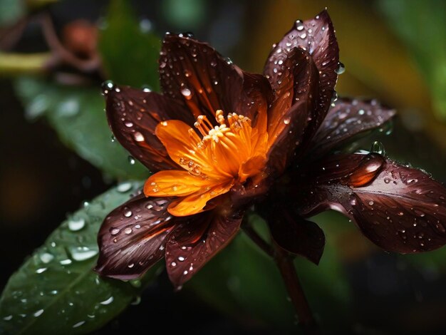 Foto bella flor en una rama marrón oscuro con gotas de agua