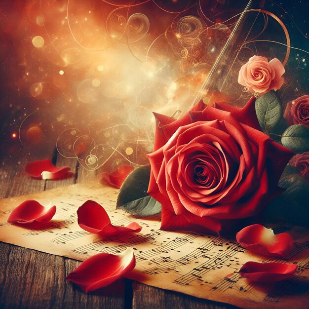 Foto bella flor de rosa con pétalos de rosa y notas musicales momentos de amor