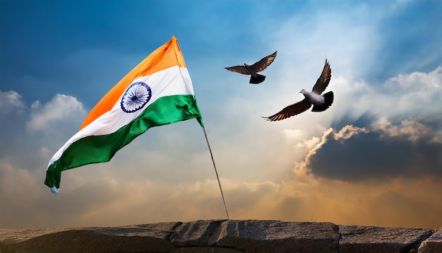 Bella foto de la bandera de la India contra el cielo azul y la paloma voladora Celebración del Día de la República de la India