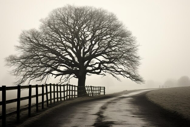 Bella fotografía en blanco y negro oscuro de un solo árbol en un muelle de madera cerca del océano