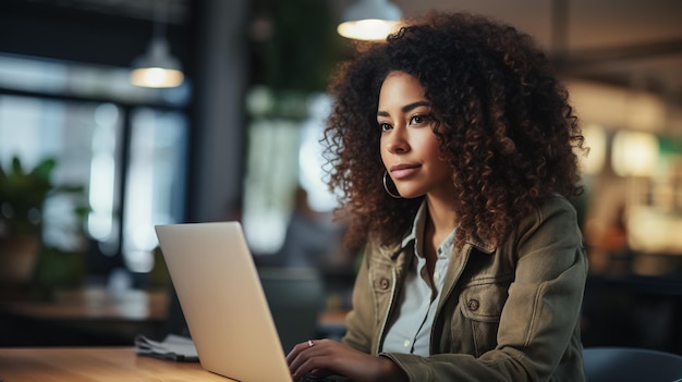 Bella gerente de Oriente Medio sentada en un escritorio en una oficina creativa Joven mujer elegante con cabello rizado usando una computadora portátil