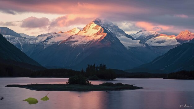 Bella hora del amanecer con fondo de montaña