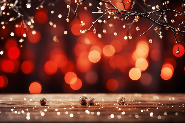 Bella iluminación y fondo bokeh para el pino de Navidad y bolas de estrella roja y cajas de regalos