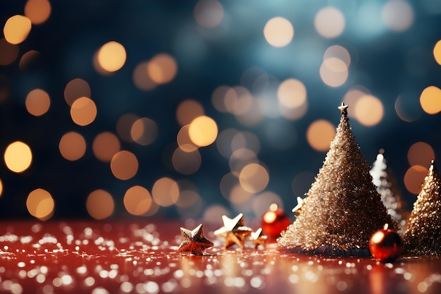 Bella iluminación y fondo bokeh para el pino de Navidad y bolas de estrella roja y cajas de regalos