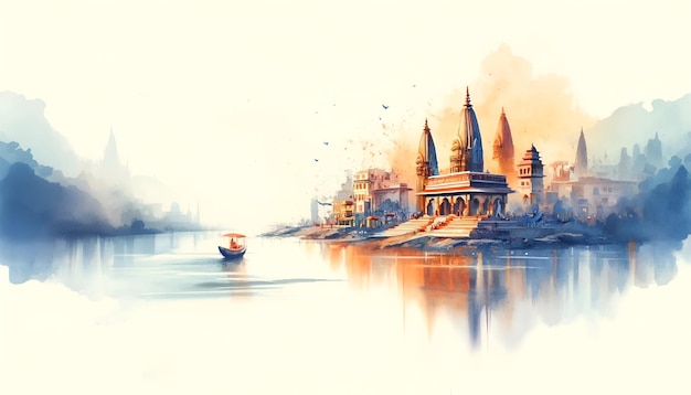 Bella ilustración en acuarela del río Ganges para ganga saptami