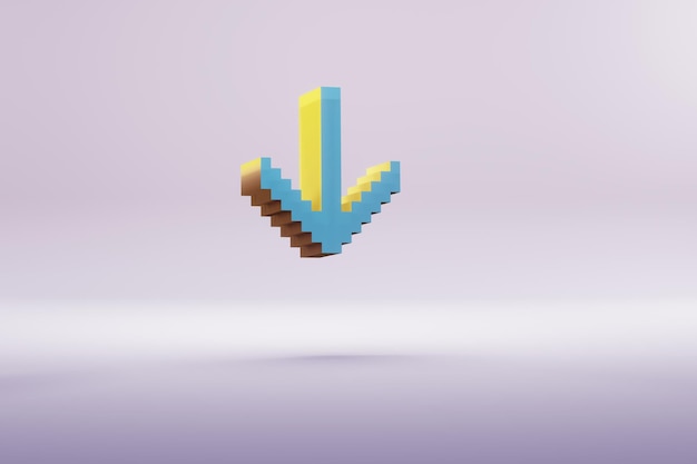 Bella ilustración azul píxel flecha hacia abajo íconos de símbolo en un fondo rosa brillante renderización 3D
