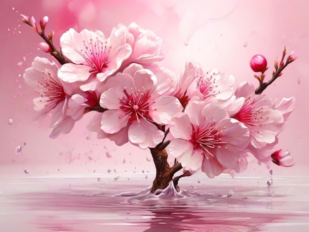 Bella ilustración de la flor del cerezo con una flor rosa abstracta con un salto de agua generada por IA