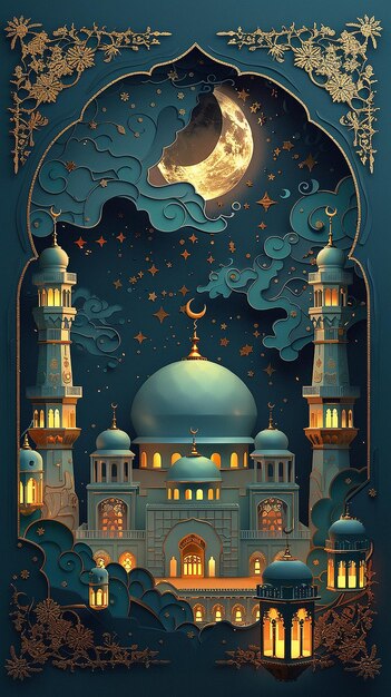 Bella ilustración de la mezquita con luna y estrellas para la celebración del Ramadán y el Eid