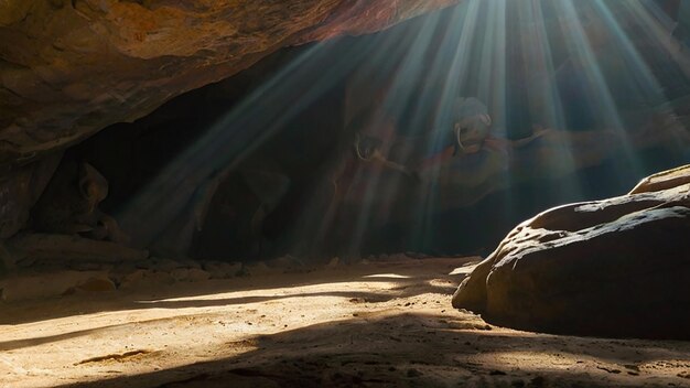 Bella imagen en color de la cueva con la luz del sol brillando a través de la plantilla de pósterImagen de fotografía generada por Ai