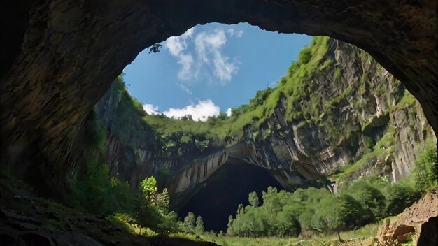 Bella imagen en color de la cueva con la luz del sol brillando a través de la plantilla de pósterImagen de fotografía generada por Ai