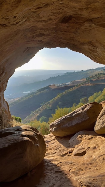 Bella imagen en color de la cueva con la luz del sol brillando a través de la plantilla de pósterImagen de fotografía generada por Ai