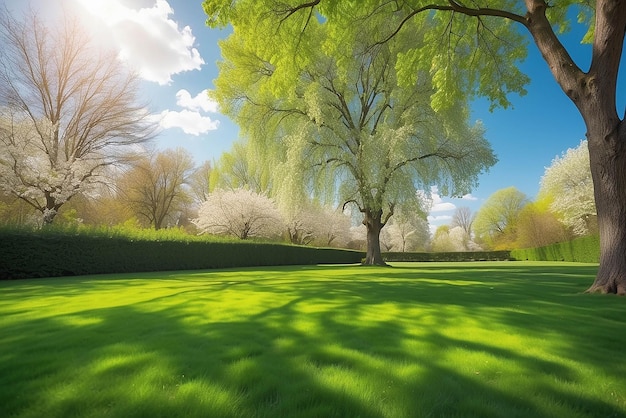 Bella imagen de fondo borrosa de la naturaleza primaveral con un césped cuidadosamente recortado rodeado de árboles contra un cielo azul con nubes en un día soleado y brillante