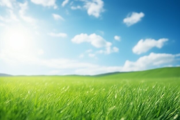 Bella imagen de fondo borrosa de la naturaleza primaveral con un césped cuidadosamente recortado rodeado de árboles contra un cielo azul con nubes en un día soleado y brillante