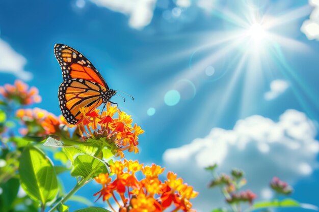 Foto bella imagen en la naturaleza de la mariposa monarca en la flor de lantana en un día soleado y brillante