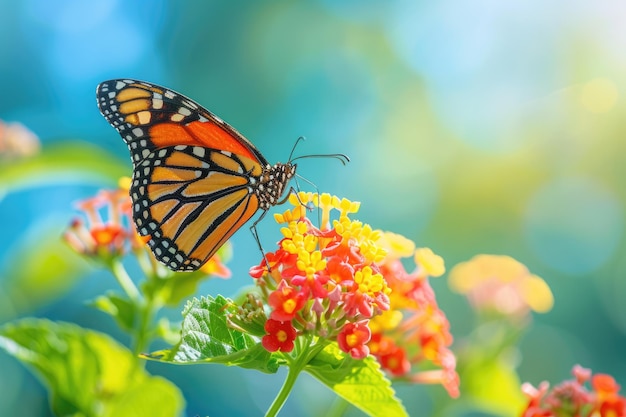 Bella imagen en la naturaleza de la mariposa monarca en la flor de lantana en un día soleado y brillante