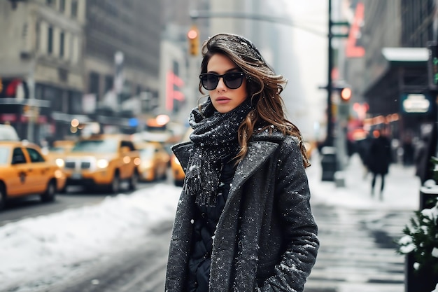 Bella joven con abrigo de invierno y gafas de sol en una calle de la ciudad