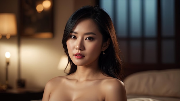 Bella joven adulta asiática en la cama mirando a la cámara