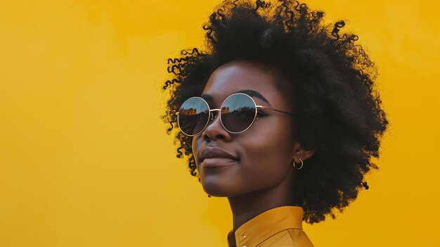 Bella joven afroamericana con cabello rizado con gafas de sol y una camisa amarilla