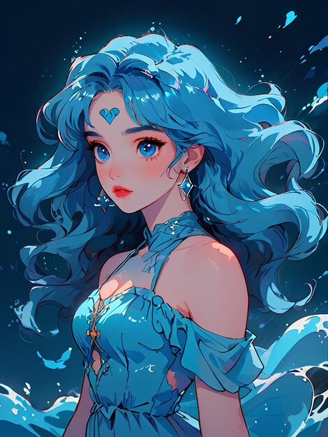 Bella joven de anime con cabello largo y azul y vestido azul visualización del signo del zodiaco de Acuario