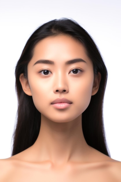 Bella joven asiática cara de primer plano disparado aislado en mujeres blancas retrato persona es ficticia