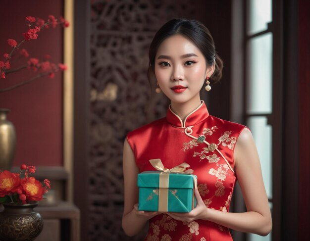 Bella joven asiática en vestido tradicional chino cheongsam qipao sosteniendo una caja Chi de Año Nuevo