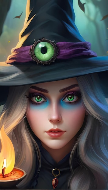 Una bella joven bruja de 25 años con bellos y perfectos ojos claros luciendo una ha de bruja.