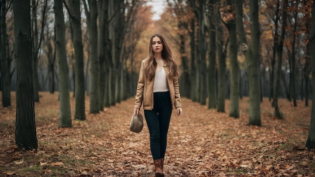 Bella joven caminando en el bosque de otoño